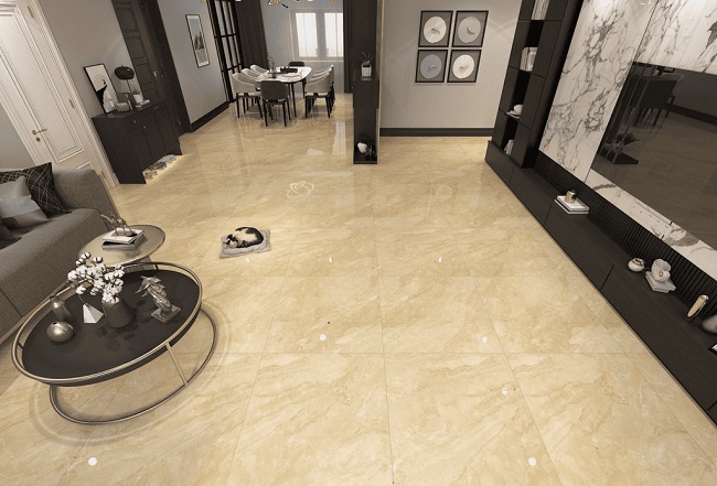 Mẫu gạch vân đá 60x60 tone màu vàng nâu thích hợp với những gia chủ bản mệnh Thổ 