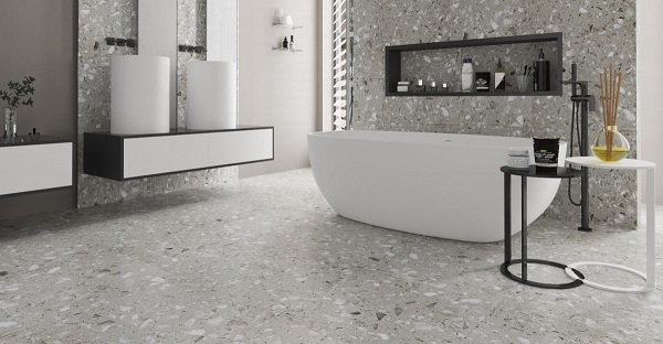 Phòng tắm ứng dụng mẫu gạch terrazzo kích thước 60x60 vừa ốp, vừa lát nền

