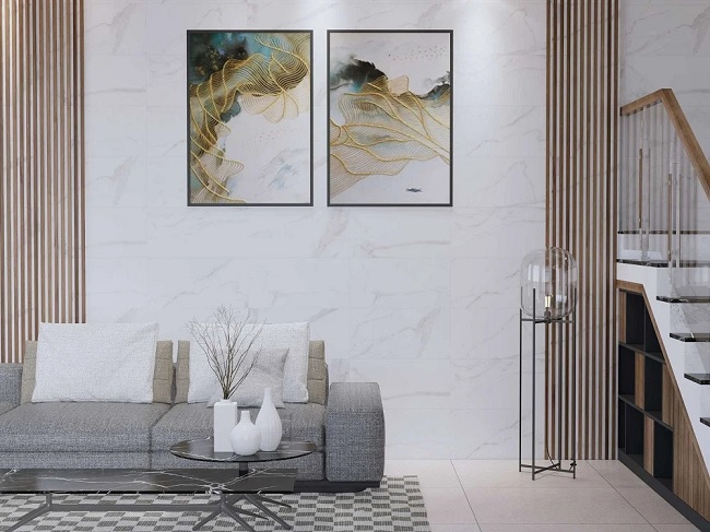 Phòng khách sử dụng gạch Viglacera 30×60 PL36-ST01 trắng vân mây tạo điểm nhấn sang trọng. 
