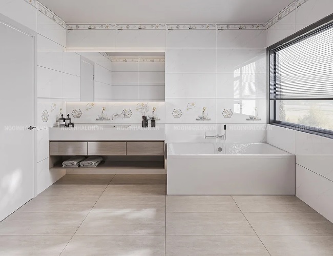 Nhà tắm hiện đại sử dụng gạch Tasa 30x60 7438 trắng vân mây mang lại cảm giác mới mẻ.